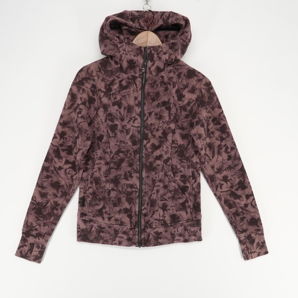 Lululemon Hoodie Womens 6 Purple Brown Floral Print Scuba Full Zip Thumbholes - Picture 1 of 9